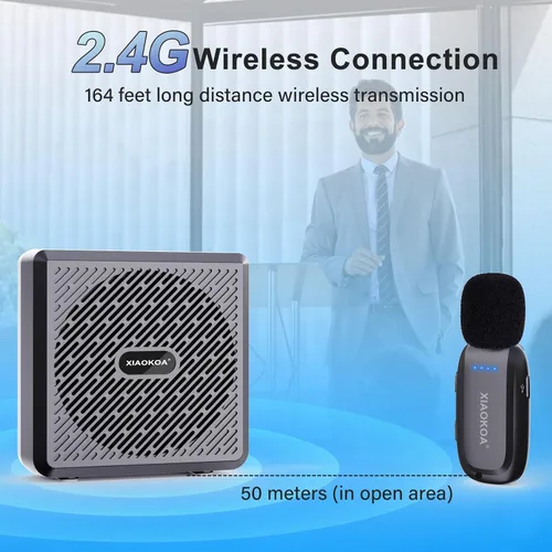 Vista 2 de Amplificador de voz con micrófono de solapa inalámbrico, altavoz Bluetooth con micrófono de solapa, mini megáfono portátil de carga, sistema