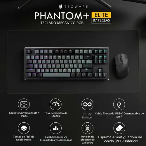 Vista 2 de TECWARE Phantom+ Elite Teclado mecánico RGB de 87 teclas para juegos 3 modos Bluetooth inalámbrico 5.0, 2.4 GHz y USB-C con cable 5 pines