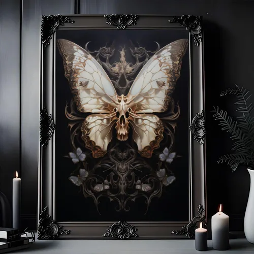 Vista 2 de Póster de polilla de esqueleto, arte de pared gótico para decoración del hogar, calavera y mariposa, lienzo decorativo de pared para niños y niñas