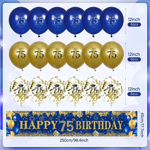Vista 4 de Decoraciones de cumpleaños número 75 para hombres y mujeres, azul y dorado, pancarta de fiesta azul marino y dorado, 18 globos para 75 años