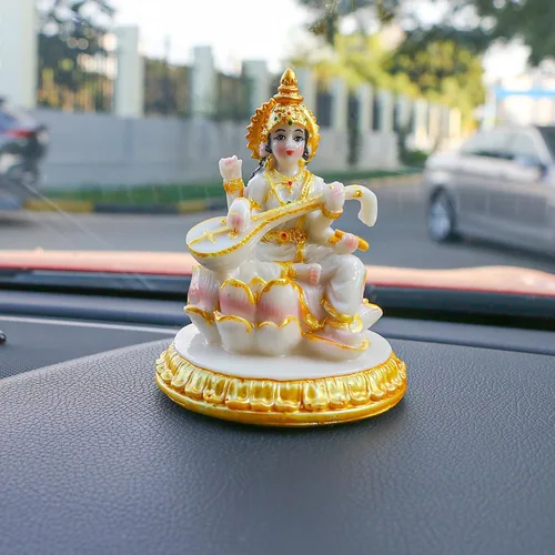 Vista 2 de alikiki Estatua de Saraswati pequeña diosa hindú – 3.9 pulgadas de alto aspecto de mármol Saraswati figura para tablero de instrumentos