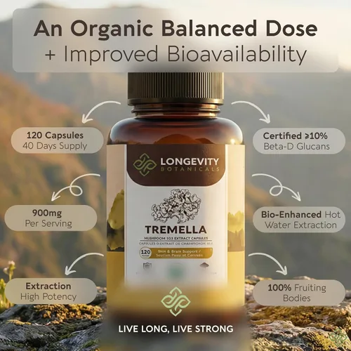 Vista 4 de Longevity Botanicals Cápsulas orgánicas de hongos Tremella Extracto de suplemento de 120 unidades Cuerpo fructífero de hongos de nieve ≥10%
