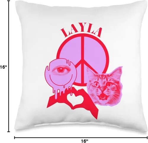 Vista 4 de Layla Name Personalized Peace and Karma Co. Layla First Name I Love Retro Cat Mom - Almohada personalizada, 16 x 16 pulgadas, multicolor