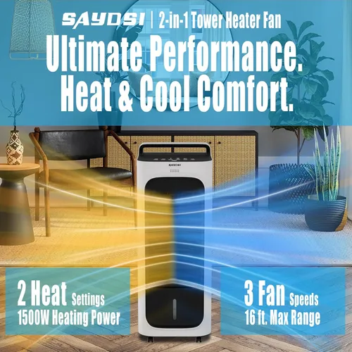 Vista 3 de Ventilador eléctrico de torre de enfriamiento 2 en 1 y calentador utilizado en verano e invierno para dormitorio, oficina en casa, habitación grande