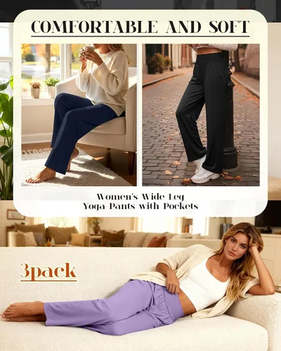 Vista 125 de Neer - Conjunto de 3 pantalones de yoga de pierna ancha para mujer - Pantalones deportivos cómodos, holgados, de cintura alta y casuales