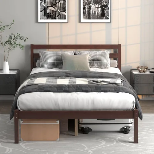 Vista 9 de NAFORT Base de cama de plataforma de madera individual con cabecero y estribo, base de cama de madera maciza y soporte de listones de madera fuerte