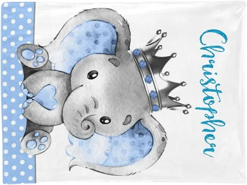 Vista 3 de Manta de bebé personalizada de príncipe elefante, manta personalizada para guardería, 30 x 40 pulgadas, para bebé, niño y niña, con nombre para baby