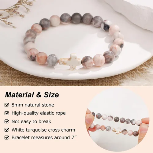 Vista 3 de JoycuFF Regalos Cristianos, Pulseras de Cruz para Mujeres, Joyería Cristiana Católica Religiosa de Fe de Pascua, Pulseras de Piedra Natural