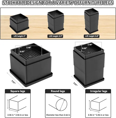 Vista 8 de elevadores de cama ajustables para muebles - elevadores resistentes de 4 o 8 o 12 pulgadas sin deslizamiento para camas/sofás/sillones, diseño