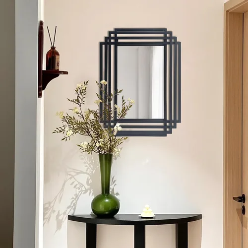 Vista 7 de Espejo de pared rectangular decorativo de 24 x 18 pulgadas con marco de metal negro Geometric Design, HD Mirror, Horizontal/Vertical Hanging, Art