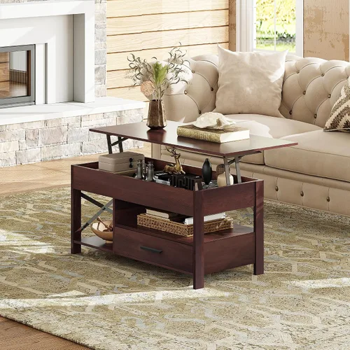 Vista 2 de WLIVE Mesa auxiliar elevable, mesa auxiliar de 39 pulgadas con cajones de almacenamiento, compartimento oculto, mesa central de madera para sala