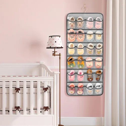 Vista 8 de Organizador de zapatos de bebé colgante de doble cara para armario, soporte de almacenamiento de zapatos para niños pequeños, calcetines con lazo