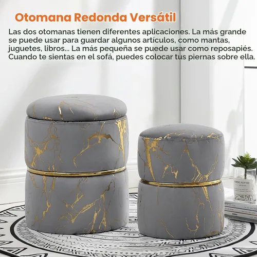 Vista 6 de Furniliving Juego de 2 otomanas redondas de terciopelo para almacenamiento, reposapiés moderno, tapizado, tela bronceada, taburete de tocador