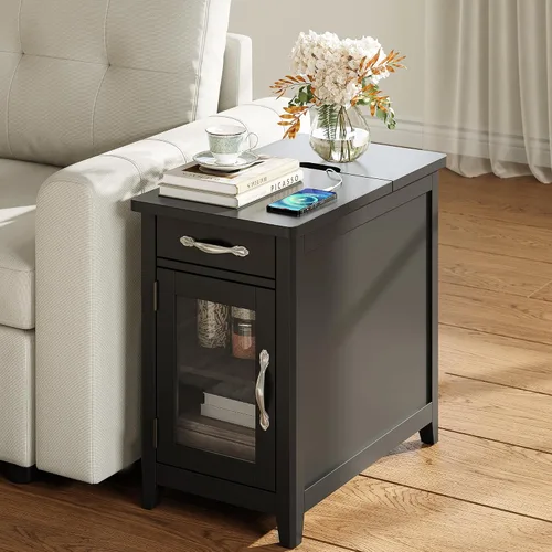 Vista 2 de LINSY HOME - Mesa auxiliar con estación de carga, mesa lateral para dormitorio con cajón y soporte desmontable, estante de almacenamiento con puerta