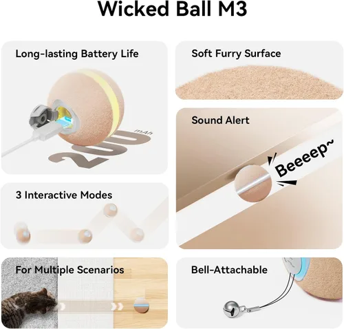 Vista 2 de Cheerble Juguete interactivo de bola para gatos, bola malvada M3, juguetes interactivos automáticos para gatos de interior con 3 modos, juguetes