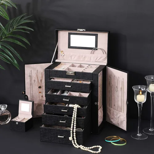 Vista 7 de ANWBROAD Caja de joyería grande de 6 niveles, organizador de joyas con cerradura de espejo, caja de joyería para niñas, aretes, anillos, collares