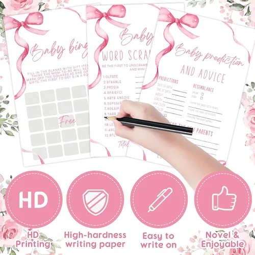Vista 4 de Honoson 279 piezas de juegos de baby shower rosa con moño para 50 invitados, incluyen 8 juegos: Baby Shower Bingo, Price Is Right, Mommy or Daddy