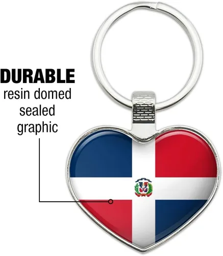 Vista 3 de Llavero con diseño de bandera de país de República Dominicana con corazón y corazón, Cromado
