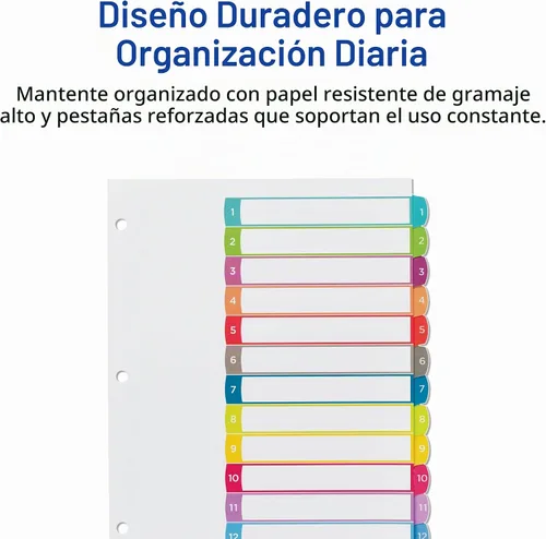 Vista 5 de Avery Separadores para carpetas de 3 anillos, 12 pestañas por juego, tabla de contenido personalizable, pestañas arqueadas multicolor, ideal