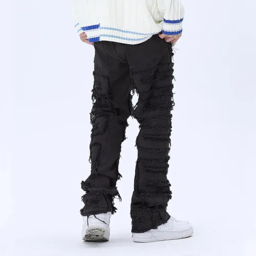 Vista 2 de XYGJZ Pantalones de mezclilla rasgados para hombre, pantalones de mezclilla de pierna recta destruidos sólidos desgastados
