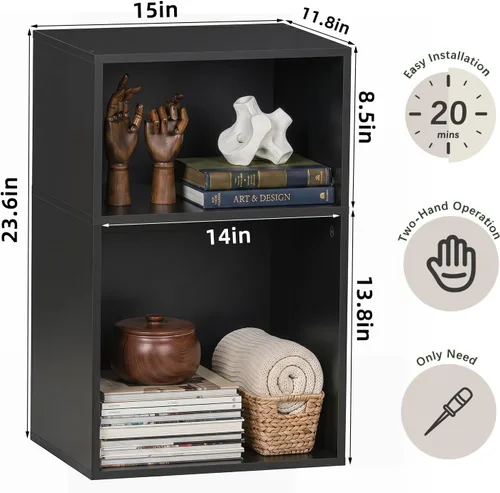 Vista 3 de YAHARBO Estantería de 2 cubos, soporte para tocadiscos negro con almacenamiento de vinilo de hasta 100 álbumes, estante horizontal para libros