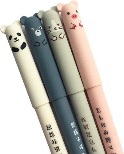 Vista 2 de 4 piezas/set Kawaii Pig Bear Cat Mouse Bolígrafos de gel borrables para la escuela, oficina, papelería, regalo 0.35mm Tinta azul y negra 4 Negro 4