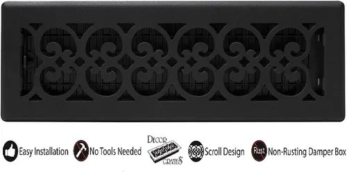 Vista 2 de Decor Grates ST414 Registro de suelo con diseño de voluta, 4 x 14 pulgadas, negro texturizado