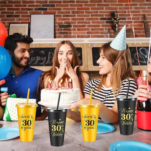 Vista 7 de Uiifan 12 vasos de plástico de plástico con tapa y popote de 24 onzas para cumpleaños, cumpleaños, bodas, aniversarios, decoración (30º)