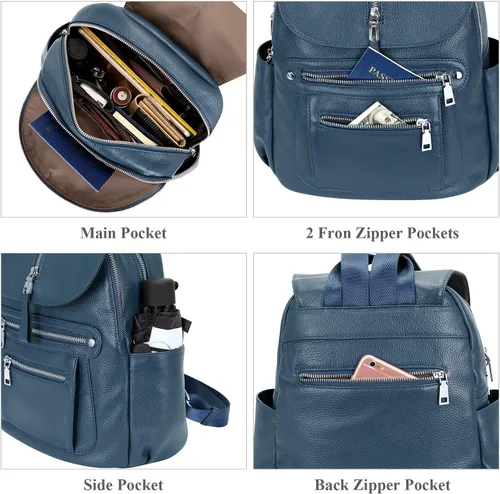 Vista 7 de ALTOSY Mochila de cuero para mujer, bolso casual de moda con múltiples bolsillos y solapa, Azul índigo, Viajar