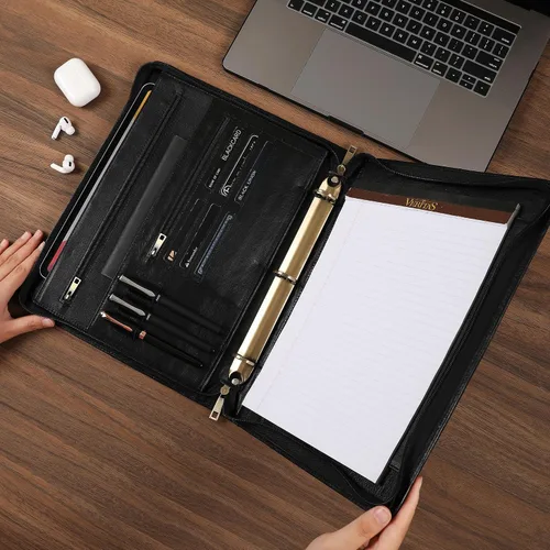 Vista 5 de Cartera de piel auténtica, carpeta de 3 anillas, organizador de padfolio de 11 x 14 pulgadas, carpeta profesional de negocios para hombres y mujeres
