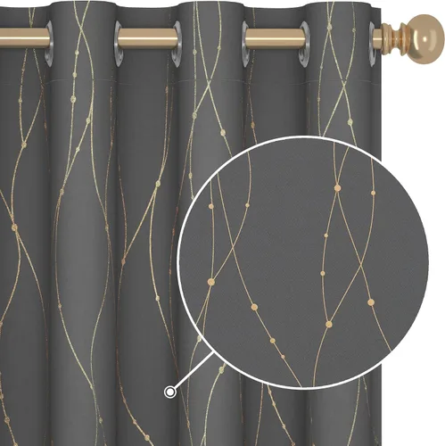 Vista 12 de Deconovo - Cortinas opacas con diseño dorado estampado y ojales, negro, de 42 pulgadas de ancho x 45 pulgadas de largo