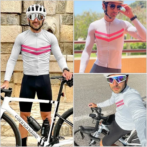 Vista 6 de Lo.gas Maillot de ciclismo para hombre, manga cortalarga, camisas de ciclismo con cremallera completa con bolsillos, ropa de bicicleta de carretera