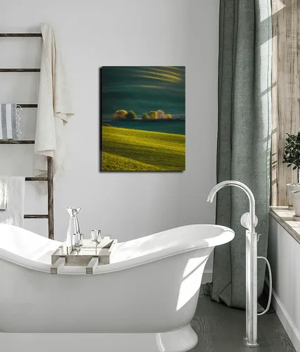 Vista 2 de Arte de pared para baño, imágenes de baño para pared, hermosa vista de paisaje lanscape, colinas verdes y árboles de primavera, Moravia del Sur