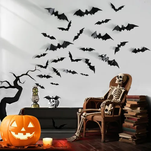 Vista 8 de 72 piezas de decoración de murciélagos de Halloween para interiores y exteriores, suministros de fiesta de Halloween, calcomanías de murciélago 3D 3