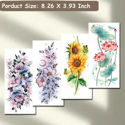 Vista 2 de CHARLENT Tatuajes temporales de flores de acuarela para mujeres y niñas, 10 hojas grandes, tatuajes falsos florales sexys para mujeres, arte