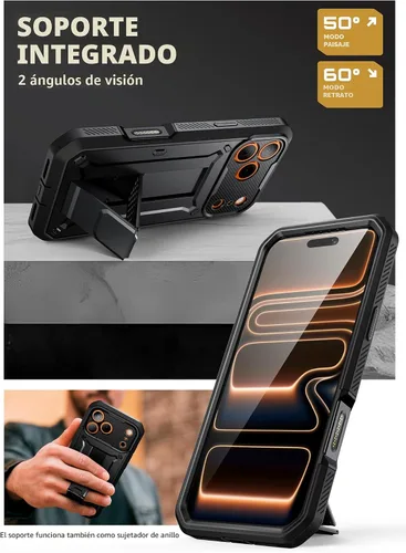 Vista 5 de SUPCASE - Funda para iPhone 17 Pro Max con función atril y protector de pantalla, color negro Built-in Camera Control Button, Detachable Belt