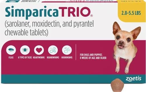 Vista 19 de Simparica Trio (sarolaner, moxidectina y tabletas masticables de pirantel) masticables para perros, 6 mg/tab, 5.6-11 libras, (púrpura), 1 tableta