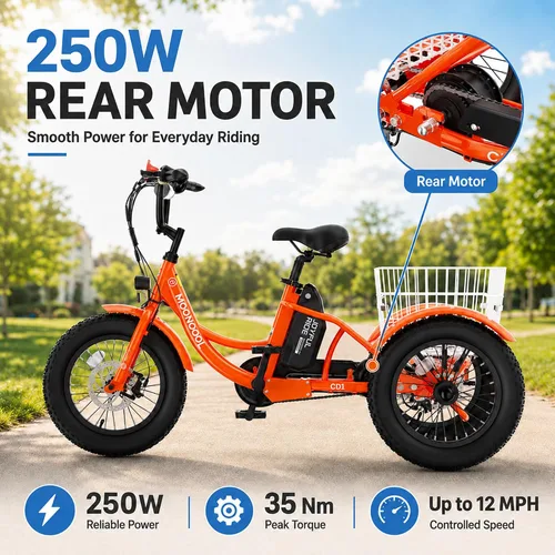 Vista 4 de MOONCOOL Triciclo eléctrico juvenil, 16 pulgadas, 250 W, E-Trike Naranja quemado
