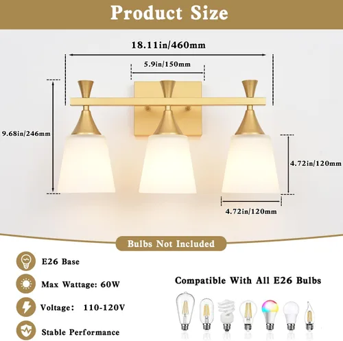Vista 4 de Lámpara moderna de tocador de baño de 3 luces, lámparas de pared de vidrio de leche sobre el espejo, iluminación de tocador de oro cepillado