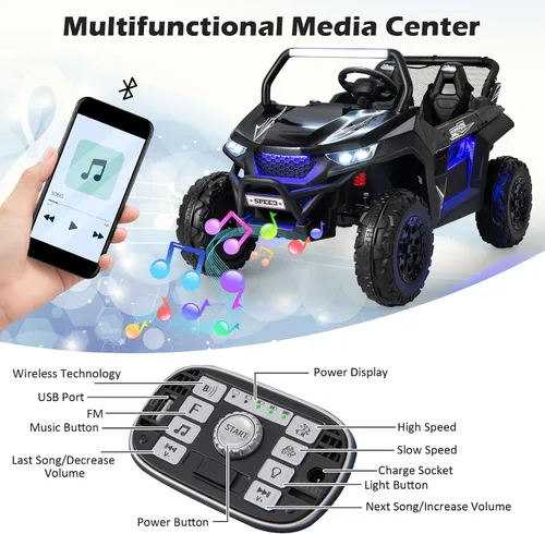 Vista 5 de HONEY JOY Auto de 2 plazas, 12 V, batería de 12 V, con control remoto, suspensión de resorte, velocidad alta/baja, almacenamiento, música, USB, Negro