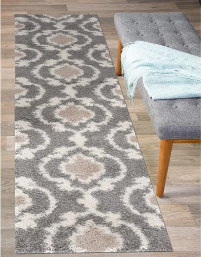 Vista 6 de Alfombra de área peluda para interior, cómoda, estilo entretejido marroquí, Polipropileno, Gris/Crema