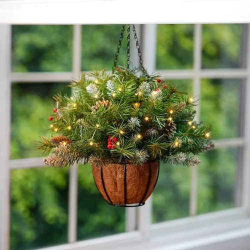 Vista 3 de ANOTHERME Canasta Colgante de Navidad Artificial Pre-Iluminada de 18 pulgadas, Pre-iluminada con 30 Luces LED Operadas por Batería, Decoración