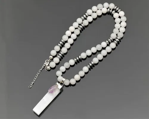 Vista 4 de ElisaJewelryArt - Collar unisex de selenita natural con cuentas de cristal de citrino con piedras preciosas de selenita genuina con cierre de piedra
