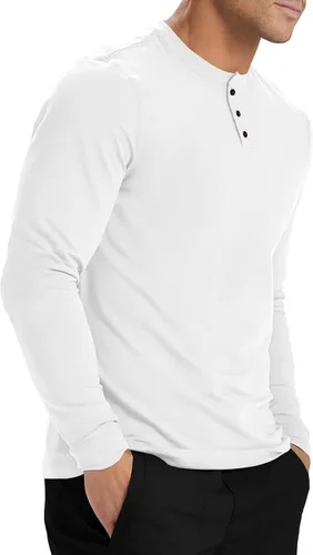 Vista 3 de Uni Clau Camisas Henley de manga larga para hombre, ajuste delgado, ligeras, 3 botones