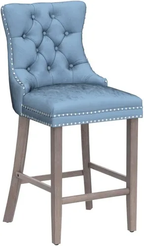Vista 97 de SoarFlash Juego de 2 taburetes de bar tapizados de terciopelo moderno con patas de madera, botones acolchados, cabeza de clavo cromada, asiento