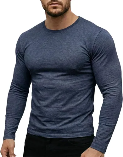 Vista 10 de Camiseta muscular para hombre, cuello redondo, manga larga, suave, elástica, básica, casual