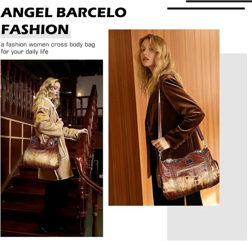 Vista 281 de Angel Barcelo - Bolsa de hombro amplia para mujer, diseño Hobo, cuero lavado