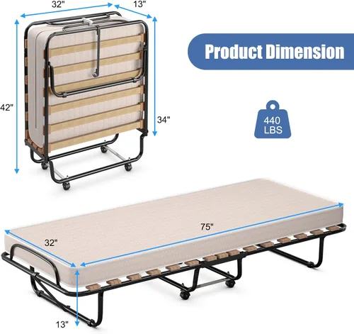 Vista 3 de Giantex Cama plegable con colchón para adultos, camas de invitados plegables con colchón de espuma viscoelástica y marco de metal, fabricada