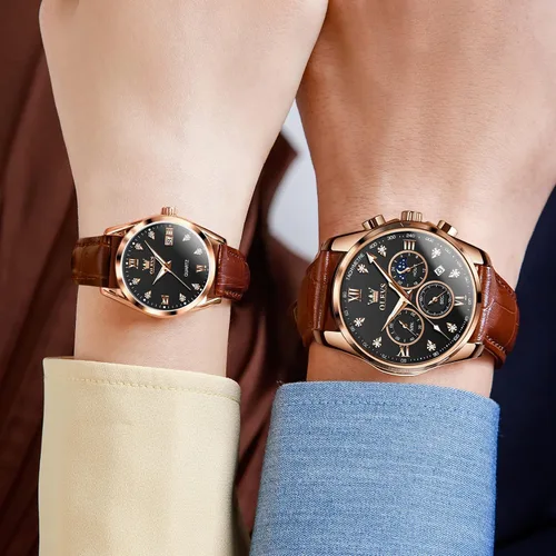 Vista 18 de OLEVS Juego de 2 relojes de cuarzo para parejas de San Valentín, para él y ella, cronógrafo de cuero, con diamantes para hombres, mujeres, amantes