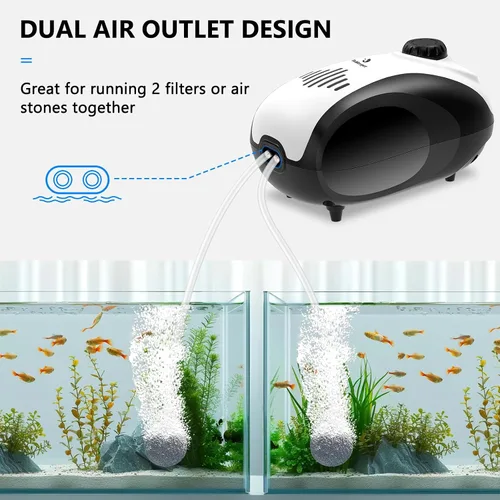 Vista 2 de fishkeeper Aquarium Air Pump, 4W/5W Fish Tank Air Pump Adjustable Air Valve Quiet Bubbler Aerator Pump with Air Stone/Tubing/Check Valve Up to 160